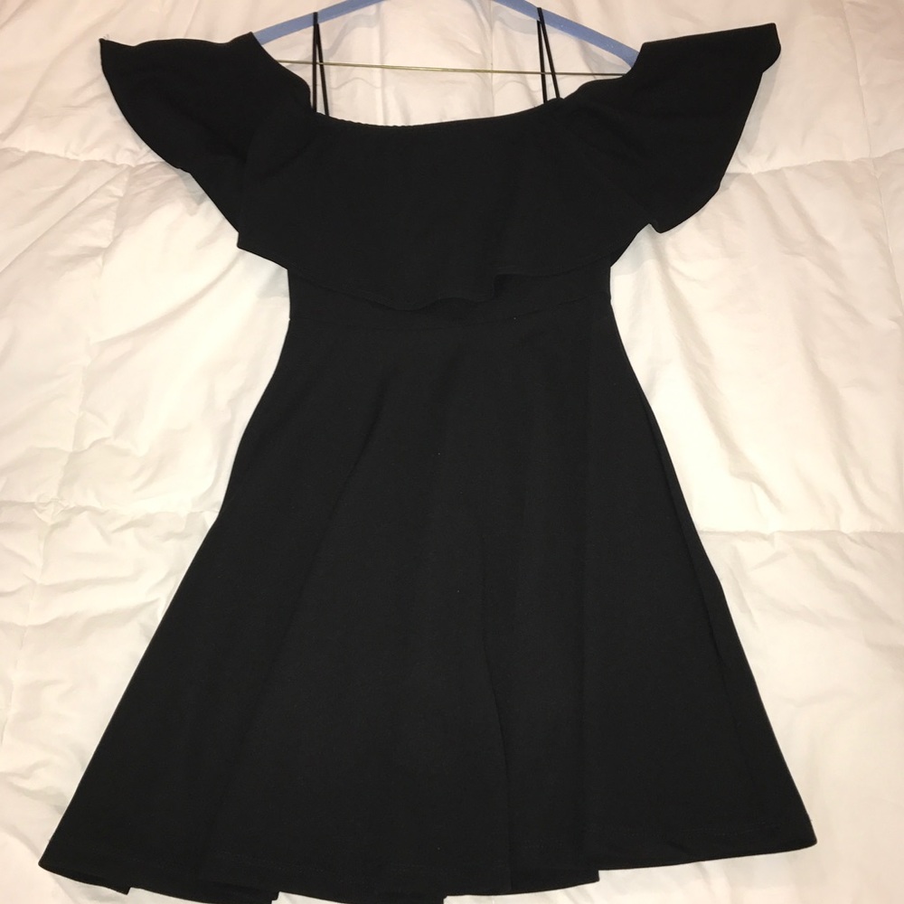 off the shoulder black skater dress